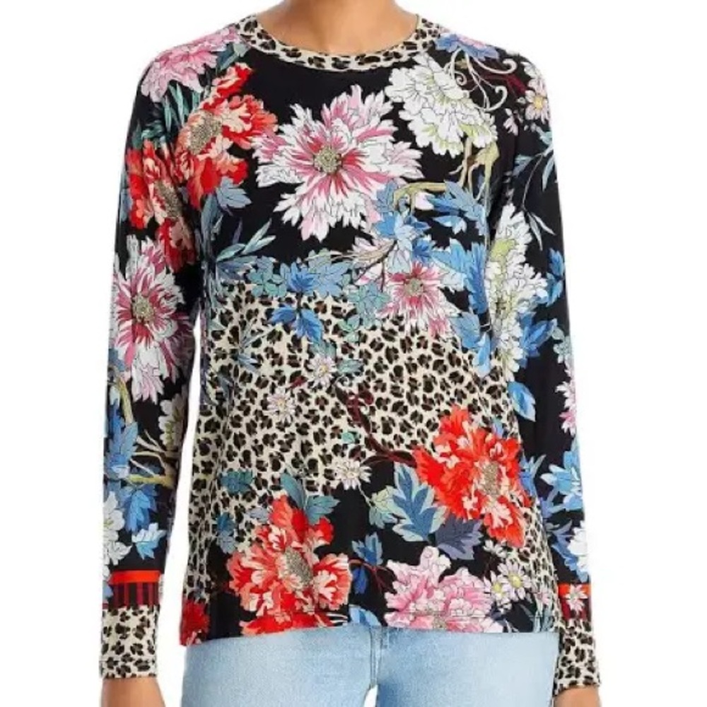 Johnny Was Ontari Long Sleeve Raglan Tee in  Multi-Color Floral/Leopard Print 1X